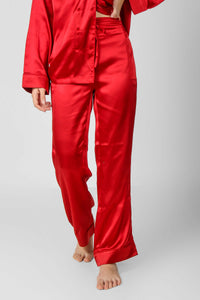 Elegant red satin pyjama suit, perfect for stylish loungewear.