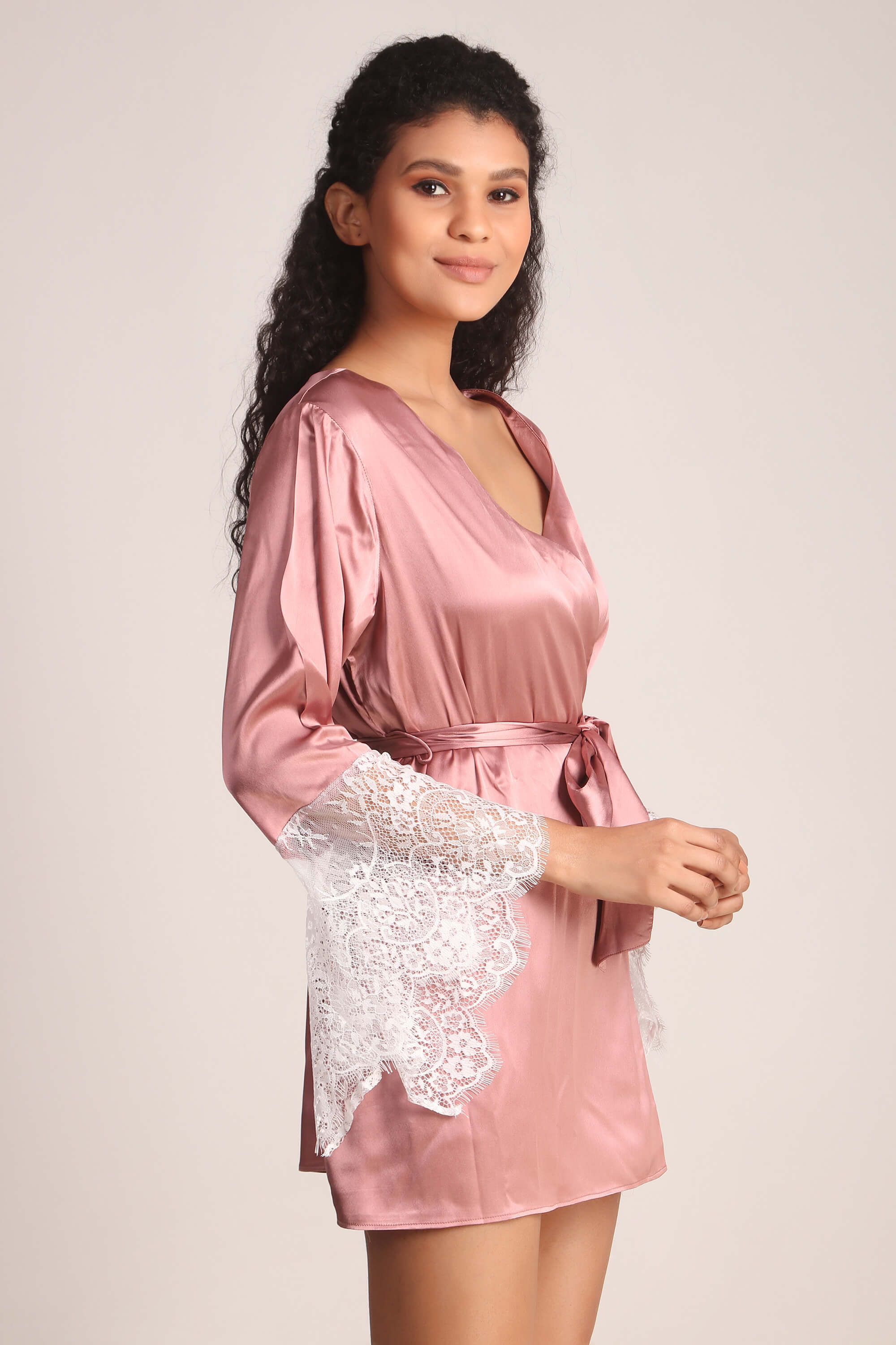 Light Pink Satin Long Dress With Beaded Lace Appliqué | 11002