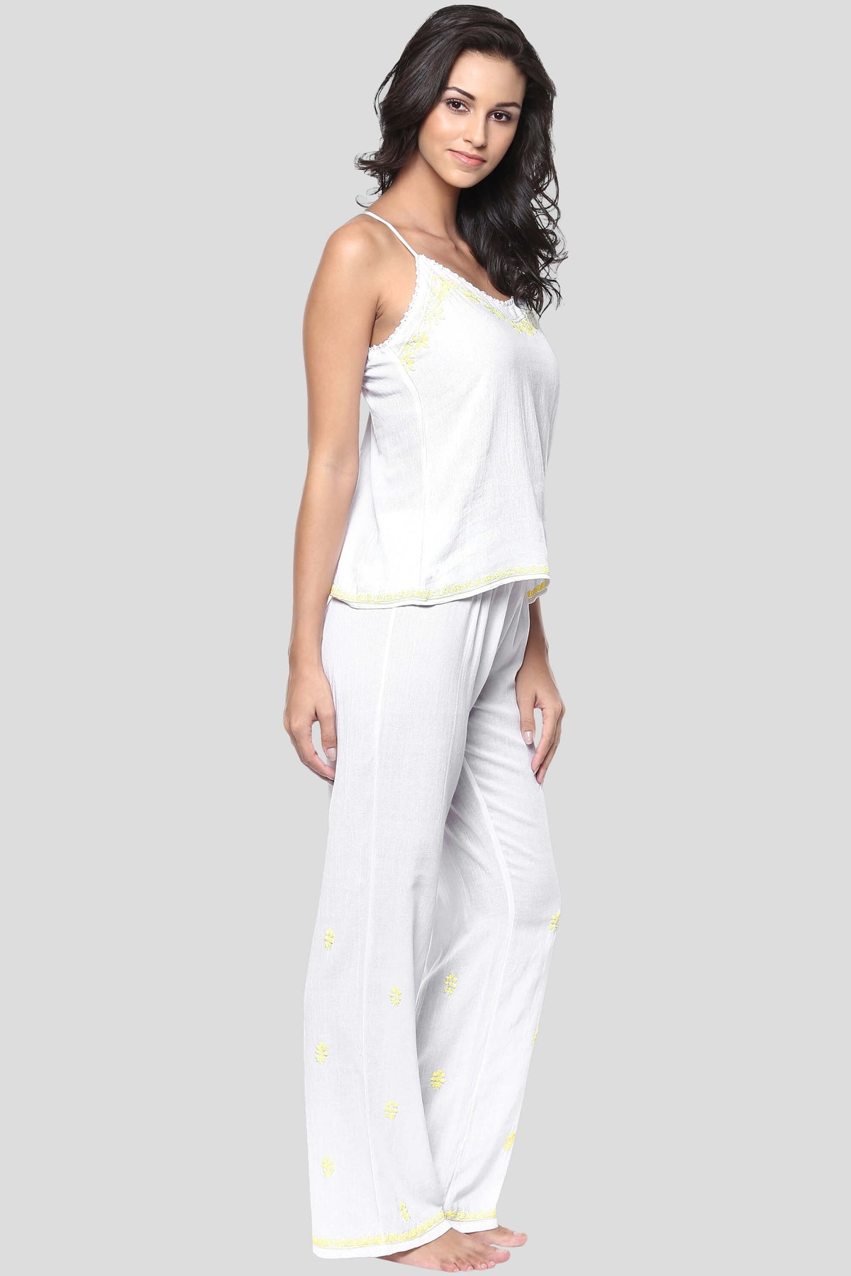 Misha Pyjama Suit with floral embroidery in elegant white design.