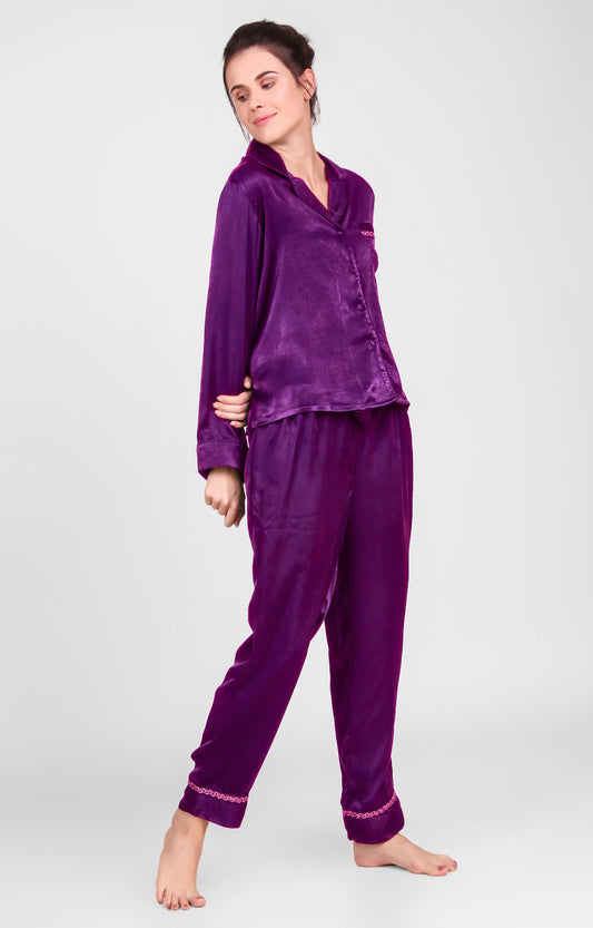 Maisel Satin Pyjama Suit in rich purple, stylish and comfortable loungewear.